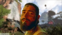 Apex Legends Post Malone: A man with a short hair cut and long beard smokes a cigarette, tattoos encircling his face