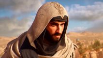 Assassin's Creed Mirage sales: A bearded man wearing a white pointed hood stands before the city of Baghdad,