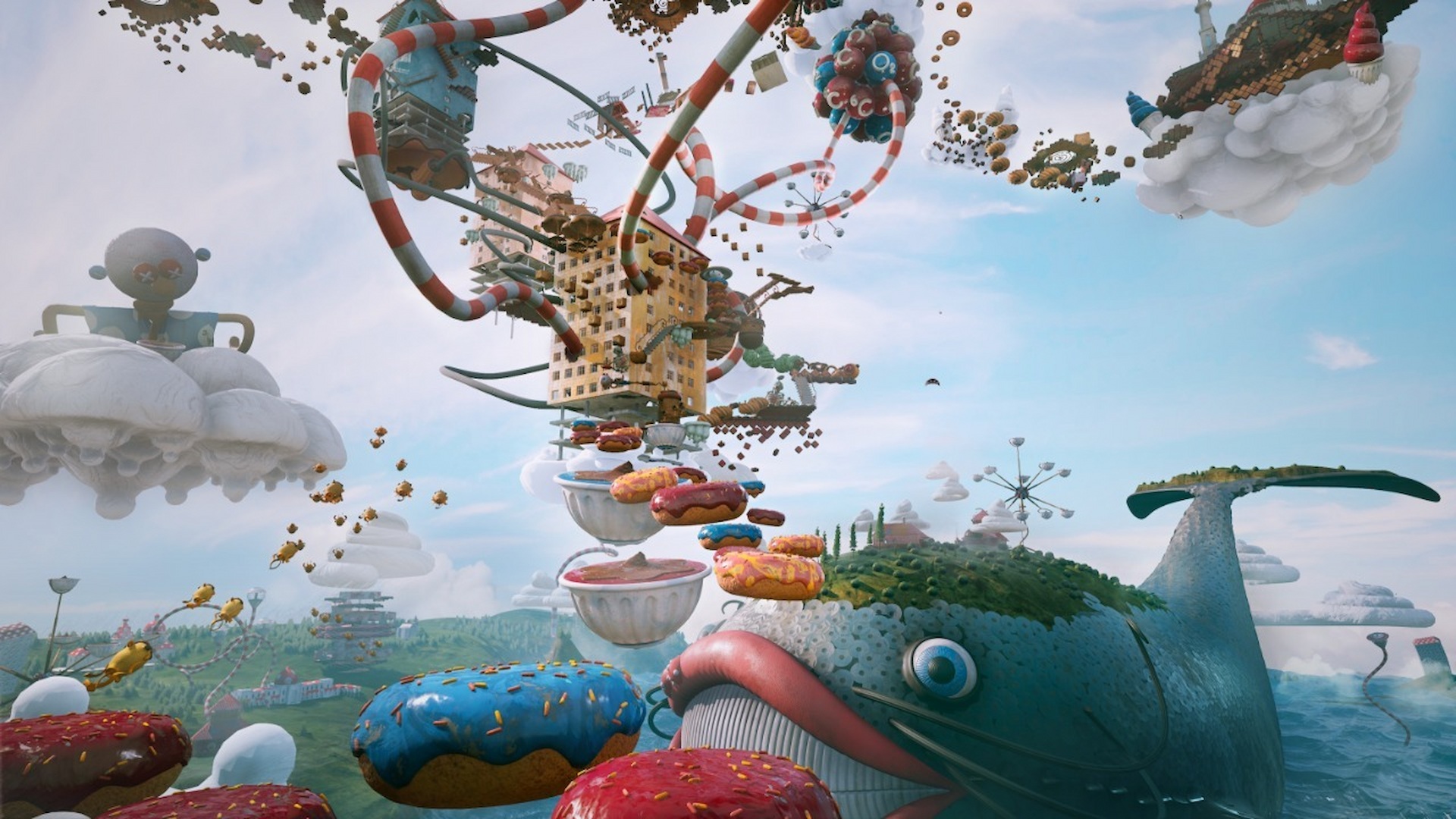 Atomic Heart DLC-Screenshot, der die surreale Limbo-Landschaft zeigt, einschließlich Donut-Plattformen und Riesenwalen