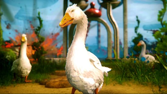 Atomic Heart new DLC: A white goose smirks with its beak, standing beside two other geese, all against a surreal backdrop
