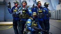 Counter Strike 2 vac ban reverse: A group of five men wearing FBI gear wield automatic rifles