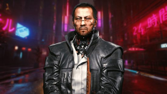 Cyberpunk 2077: A man with tied-back dark hair wearing a leather jacket stands with a stern look on his face and Night City behind him