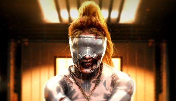 Dead Island 2 expansion: An undead woman with blood covering her mouth and a silver mask across her eyes smiles, her red hair done up in a high ponytail