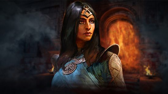 Diablo 4 1.2.1 reveal: A woman with long black hair stands before a fireplace wearing blue robes