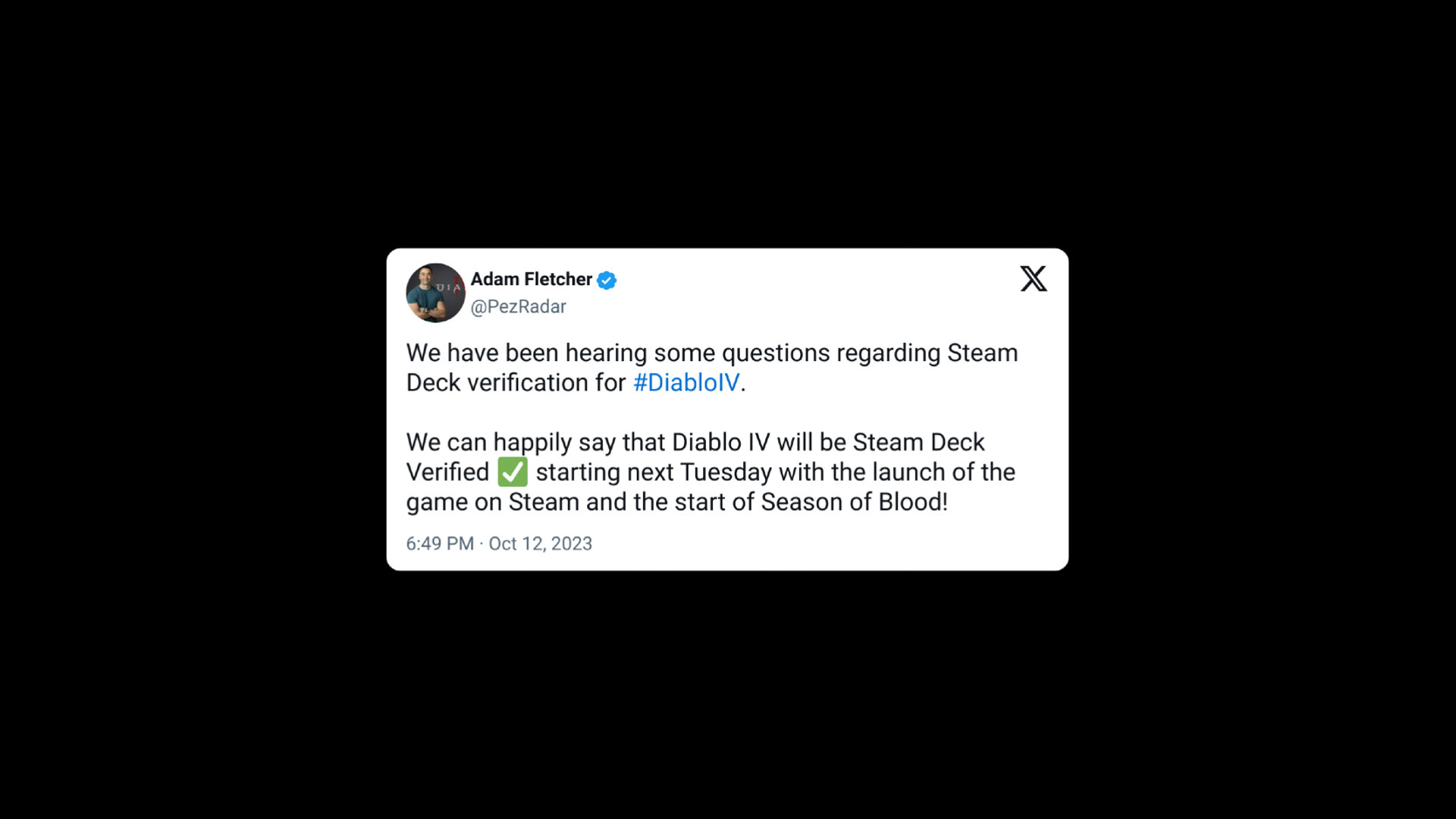 Diablo 4 developer confirms in post on Twitter that Diablo 4 is Steam Deck verified