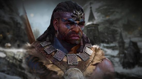 Diablo 4 patch notes: A black man wih a large build and blue war paint on his face stands, a grim expression on his face