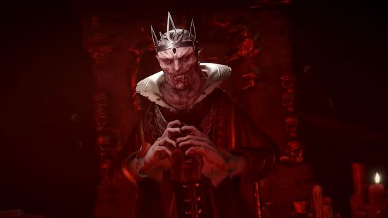 Diablo 4 Season of Blood delay: A bald vampire man wearing a silver crown and red and white robes stands with blood covering his face against a red backdrop