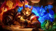 Dota 2 movie whiskey: An animal-like man with long ears sits at a bar table, a tankard of beer in one hand while he smiles surrounded by colorful spirits