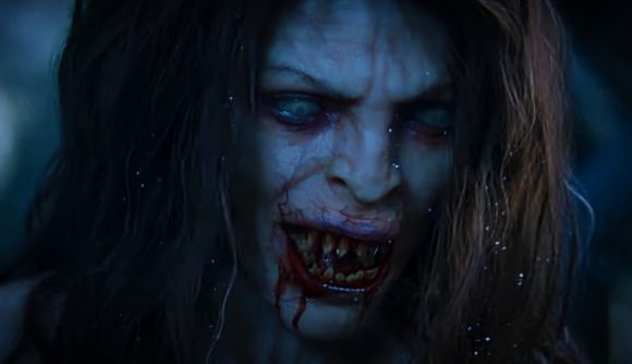 Gwent The Witcher card game: A woman with glazed over white eyes and veiny skin snarls, blood streaming from her sharp teeth