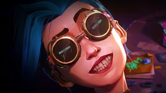 League of Legends Arcane canon: Jinx, a blue-haired woman wearing dark aviator goggles, smiles with her teeth showing