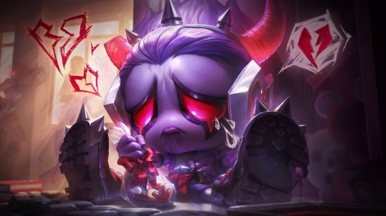 League of Legends summoner names: A small boy-like creature with glowing red eyes and purple skin sits holding a bag of heart candies, crying