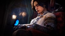 Lies of P DLC confirmed: A young boy with long brown hair and a freckled face sits atop a red velvet chair, a blue butterfly atop his left hand