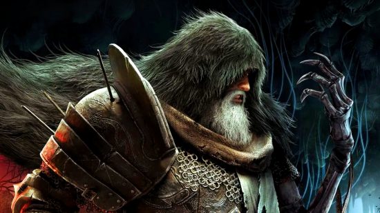 Lords of the Fallen Steam reviews: A bearded man wearing a furry hood grimaces, his eyes concealed by his cloak