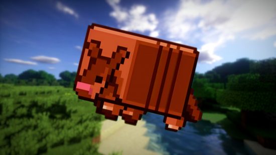 Minecraft mob vote: A pixel-style armadillo against a grassy backdrop with a river and blue sky