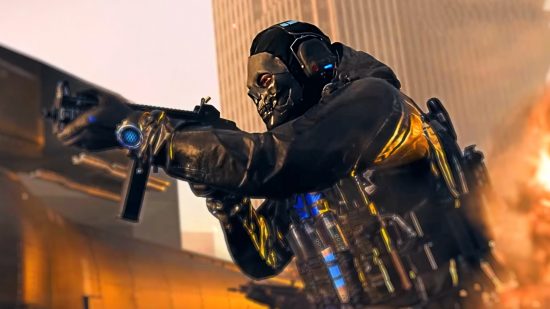 Modern Warfare 3 Game Pass: A man wearing full military armor and a dark skull-like mask wields a gun, a cityscape in flames behind him
