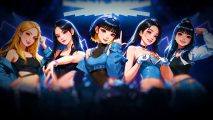 Overwatch 2 K-pop collab event: Le Sserafim band members in a line smiling, with matching blue outfits