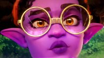 Palia: An elf-like character with deep purple skin and amber eyes wears round golden-framed glasses, her face surprised