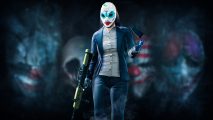 Payday 3 patch delay: a woman wearing a dark suit and white top carries a weapon in hand, a clown mask on her head