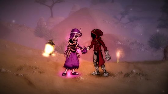 Salt and Sacrifice Steam release: Two hooded figures shake hands, one wearing purple robes and the other red