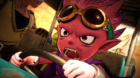 Sand Land: A human-looking demon boy with cherry red skin and aviator goggles yells aggressively, driving a car through the desert