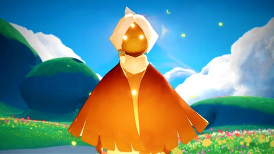 Sky Children of Light Steam demo: A small girl with white hair and glowing yellow eyes wears a flowing orange cape, green hills and a blue sky behind her