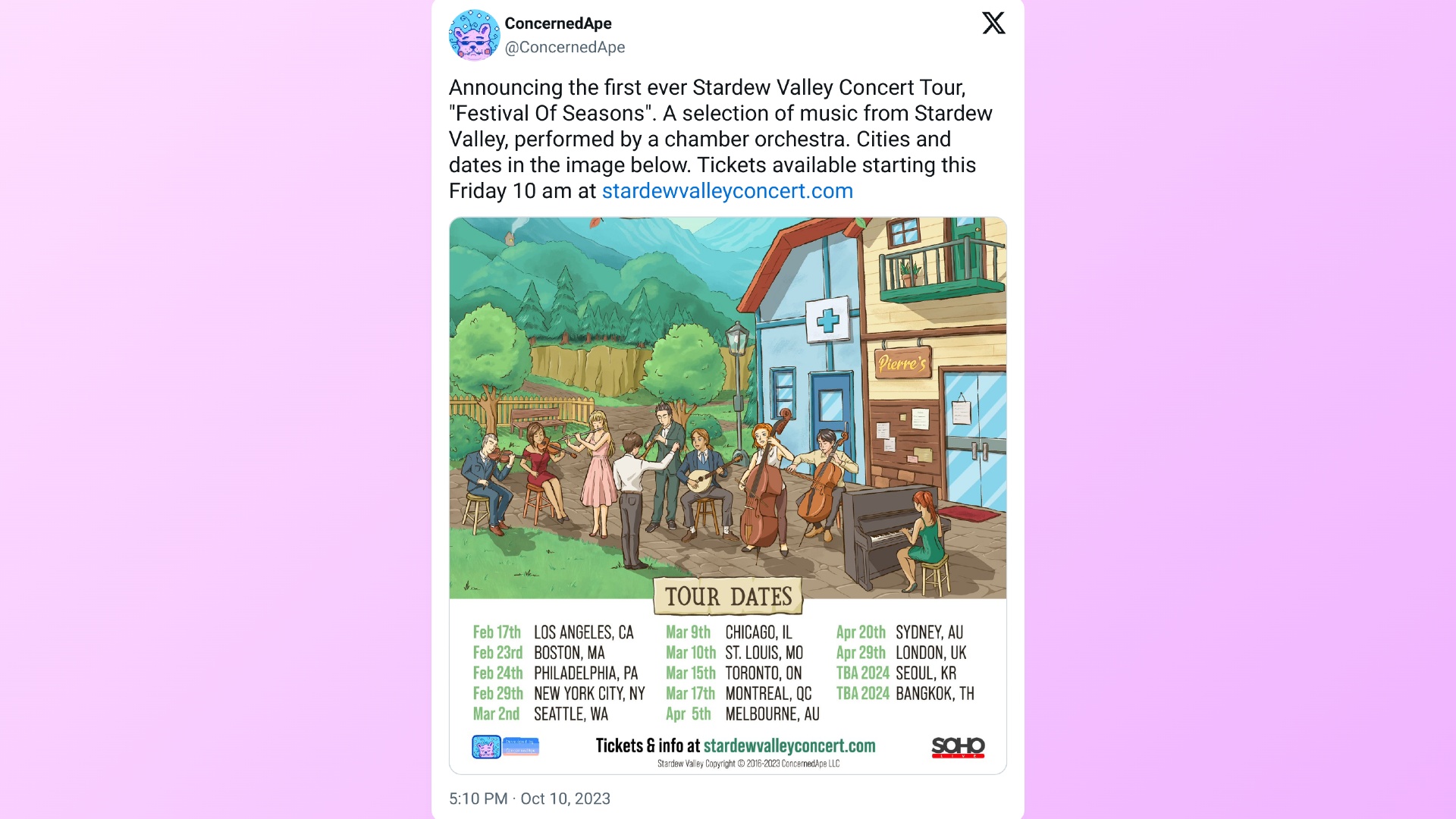ConcernedApe's post revealing the Stardew Valley concert tour and its dates