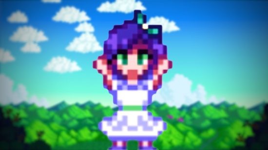 Stardew Valley concert tour: Abigail, a girl with purple hair and a green bow, wears a white flower-dance dress against a blue sky and green hills backdrop