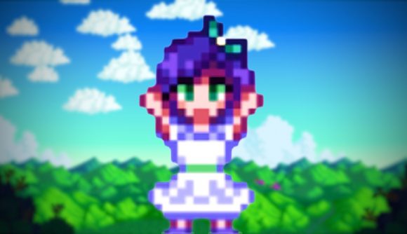 Stardew Valley concert tour: Abigail, a girl with purple hair and a green bow, wears a white flower-dance dress against a blue sky and green hills backdrop