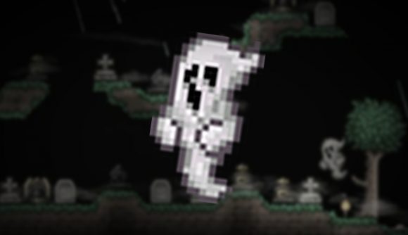 Terraria Halloween: a pixel art style ghost floats before a graveyard backdrop