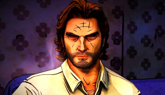Telltale Games' The Wolf Among Us 2 screenshot showing a man with swept back brown hair sitting against a purple floral wallpaper, his eyes closed