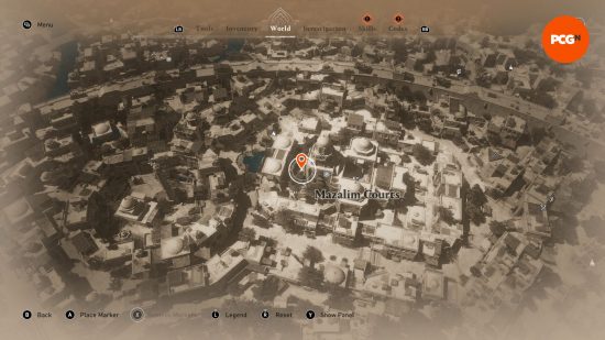 AC Mirage: a map showing the whereabouts of some buried treasure next to a fountain.