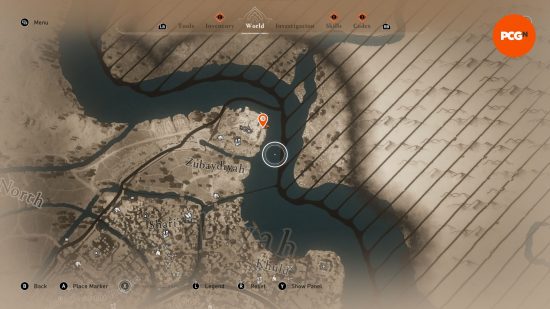 AC Mirage: a map showing the whereabouts of some buried treasure next to a winding river.