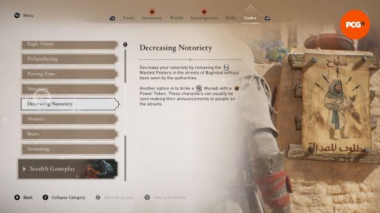 A menu screen showing how to decrease notoriety in assassins creed mirage