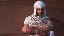 AC Mirage enigma locations and solutions: an assassin wearing a white hood crosses his arms and looks pensive.