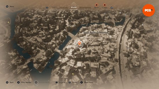 AC Mirage: a map showing the whereabouts of some buried treasure in the middle of a town square.