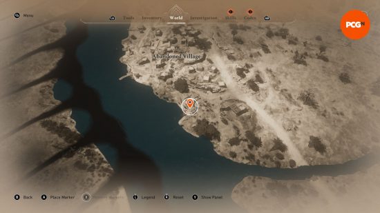 AC Mirage: a map showing the whereabouts of some buried treasure in a coastal town.