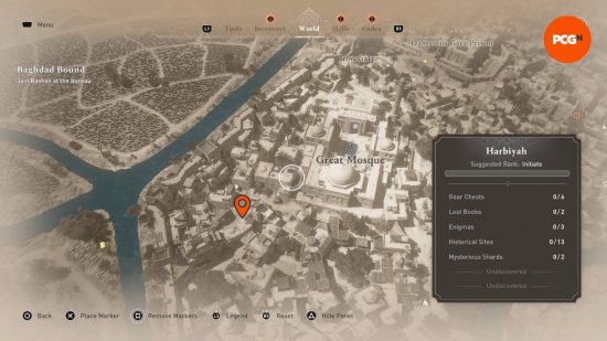 The orange pin on the map indicates where the first one of the six AC Mirage Lost Books is located in Baghdad.