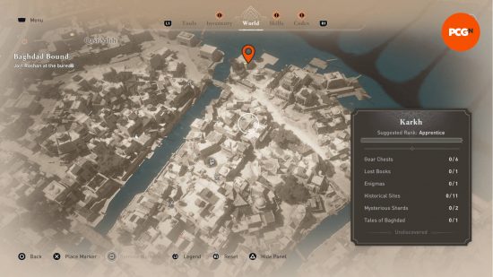 One of the six AC Mirage Lost Books shown on the map as an orange pin.