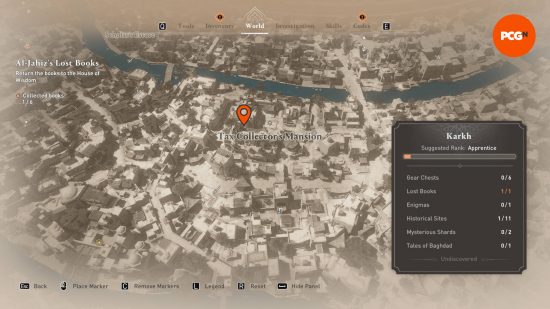 A map with an orange pin showing the location of the Abbasid Knight AC Mirage outfits.