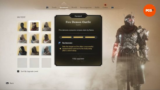 The outfit bonuses for the Fire Demon DLC AC Mirage outfit.