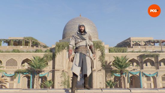 One of the AC Mirage outfits is the Initiate of Alamut, which Basim is wearing while standing on top of a wall near the library.