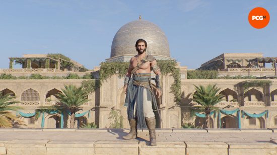 One of the AC Mirage outfits is the Sand outfit, which Basim is wearing while standing on top of a wall near the library.