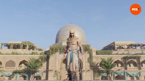One of the AC Mirage outfits is the Zanj Uprising, which Basim is wearing while standing on top of a wall near the library.