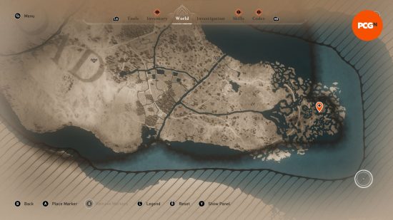 AC Mirage: a map showing the whereabouts of some buried treasure in some marshland.
