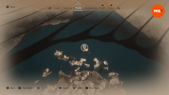 AC Mirage: a map showing the whereabouts of some buried treasure next to a submerged house.