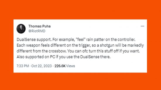 Twitter-Screenshot eines Remedy-Entwicklers, der die DualSense-Unterstützung von Alan Wake 2 auf dem PC enthüllt.