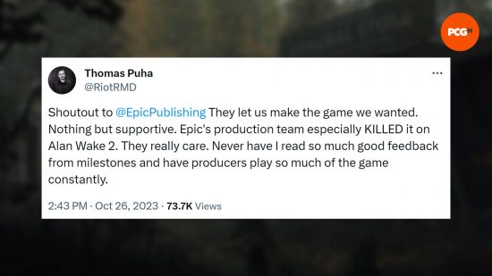 Alan Wake 2 Epic Games: A tweet from Remedy about working with Epic Games
