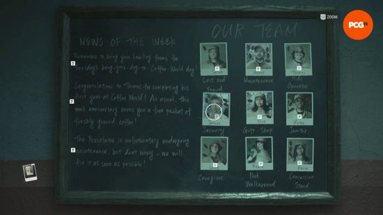 A bulletin board with news of the week, as well as nine photos of team members and their roles, which are needed to unlock the Alan Wake 2 gift shop safe.
