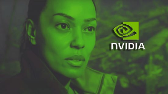Alan Wake 2 Nvidia game ready driver: a woman bathed in green looks to her left to see an Nvidia logo hovering in front of her.