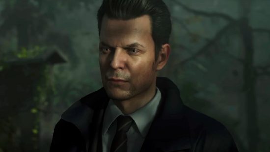 Is Alan Wake 2 on Steam: FBI agent Alex Casey converses with protagonist Saga Anderson in the woods surrounding Bright Falls.